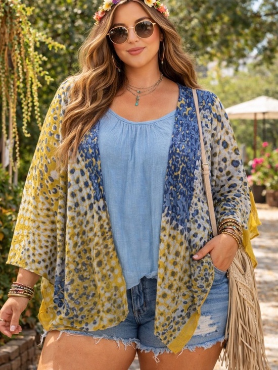 Sweaters - Light Blue & Yellow Leopard Open-Front Women’s Sweater Kimono